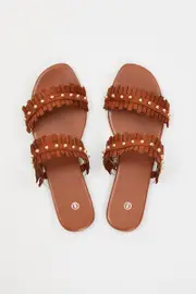 Beige Fringe Detail Flat Slides - Size 8, Women's Trial Accs