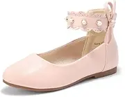 [PANDANINJIA] Girls Dress Shoes Flower Girl Flats Pearls Ballet Bow Mary Jane Ankle Strap Wedding Party Shoes for Toddler Little Big Kid