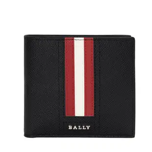 BALLY 時尚壓紋牛皮紅白條紋8卡皮夾短夾+皮帶禮盒組 黑色 /平行輸入