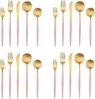 Matte Gold Silverware Set with pink handle, 20-Piece Stainless Steel Flatware