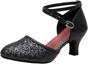 [HOBTEC] Womens Sequined Leather Pointed Toe Kitten Heel Latin Ballroom Dance Shoes