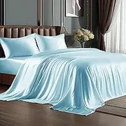 BEDELITE Satin Sheets Twin Size Bed Set, Luxury Soft Light Blue Silky Sheets for Hair and Skin, Similar to Silk Bed Sheets Set 3 Pieces with 1 Deep Pocket Fitted Sheet, 1 Flat Sheet, and 1 Pillowcase