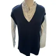 Ann Taylor LOFT Navy/White Striped/Ruffled Collar Vest/Blouse Top NWT- S
