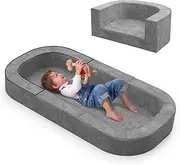 cutebeams 2-in-1 Toddler Travel Bed and Sofa for Children 1-3yr Old, Waterproof Folding Travel Bed with Carrying Bag, Grey