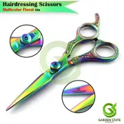 Rainbow Color Hair Cutting Shears Floral Design Offset Grip Barber Scissors
