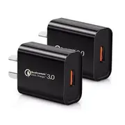 (2 Pcs) Qualcomm 3.0 Quick Charge 18W USB Fast Charging Wall Plug Charger Adapter (Black)