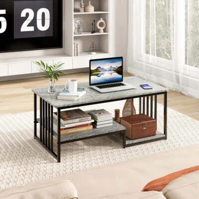 Costway Rectangular 2-Tier Faux Marble Coffee Table with Open Storage Shelf