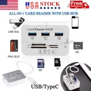 3 Port USB 3.0 Aluminum Hub MS SD M2 TF Multi-In-1 Memory Card Reader Adapter US