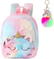 [TOMVAES] Unicorn Backpack for Kids,with Unicorn Pendant,Plush Unicorn Backpack,Fluffy Mini Unicorn Backpack Bags for Girls Kids Travel Plush Rainbow Schoolbag