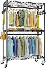 VIPEK V12 Portable Closets Heavy Duty Rolling Garment Rack 3 Tiers Adjustable Wire Shelving Clothes Rack with Double Rods and Side Hooks, Freestanding Wardrobe Storage Rack Metal Clothing Rack, Black