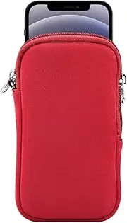 Neoprene Cell Phone Sleeve, Zip Wallet Pouch with Neck Strap for iPhone 16 16 Pro 15 15 Pro iPhone 14 13 Pro iPhone 12 Pro 11 Pro iPhone SE 3rd G iPhone X XS (Red)