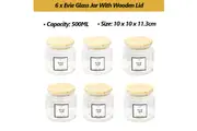 6 X 500ML Wooden Lid Glass Jar Kitchen Food Storage Lolly Candy Container