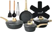 14 Pcs Pots and Pans Set Non Stick, Black Granite Induction Kitchen Cookware Set