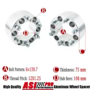 2PCS Wheel Spacer Adapters For Nissan 4WD 6Stud 75mm 6x139.7 M12x1.25 au asi (for: Nissan)