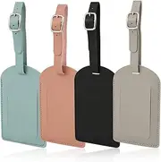 [KINBOM] 4pcs PU Leather Luggage Tag with Adjustable Strap, Suitcase Tags Identifier Travel Bag Baggage Labels with Privacy Protection Cover for Couple Suitcases Travelling Wedding Valentines Gift (4 Colors)