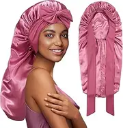 PHILIGHTS Satin Bonnet Silk Bonnet for Sleeping Women, Long Double Layer Tie Band Bonnet for Curly Hair Sleep Cap