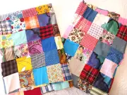 Pr Handmade 1970s Patchwork Quilt Tops 36x46" Bright Colorful 3" Squares To Fini