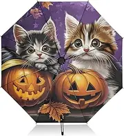 [PDZRMY] UV Protection Travel Umbrella Pumpkins Cat Halloween Compact for Rain and Sun - Auto Open and Close UPF 50+ Windproof Portable 46” Sun Umbrella for Women and Men