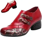 [Vimlo] Women's Slip-On Loafer Leather Pump Shoes, Casual Comfort Vintage Print Bows Chunky Block Zip Oxford Wedding Shoes(Red,35)