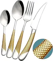 Xideman Hammered Silver Gold Cutlery Service Sets for 4,18/10 Golden Plated Stainless Steel Flatware Set, 16-Piece Modern Titanium Silverware Set, Tableware Utensil, Mirror Finish, Dishwasher Safe