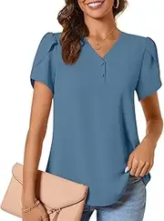 [CATHY] Women Summer Tops Petal Sleeve Button Up V Neck T-Shirts Casual Chiffon Henley Blouses