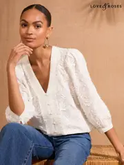 Love & Roses Ivory Petite 100% Cotton 3D Floral 3/4 Sleeve V-Neckline Blouse (AP6883) | $102
