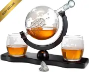 Whiskey & Wine Decanter Globe World Set with Globe Glasses Anniversary Birthday