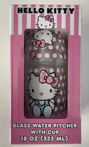 Hello Kitty Glass Water Pitcher With Cup Pink 18oz Pitcher 8oz Cup New In Box