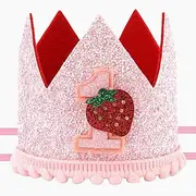 PEUTIER Berry First Birthday Hat, Sweet Pink Sequin Strawberry 1st Birthday Hat Cute Baby Girl Strawberry Headband Strawberry Birthday Headwear for Baby Shower Party Decoration Photo Props