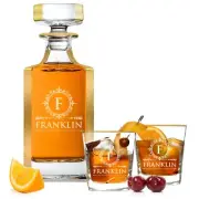 Custom Whiskey Decanter with Gold Trim Accents - Set Decanter with 2 Glasses