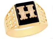 10k or 14k Yellow Gold Bold Black Onyx Mens Basket Weave Initial Letter H Ring