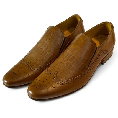 Men's Handmade Leather Wingtip Brogue Dress Loafer EU Sz 40 In Camel/Brown Ombre