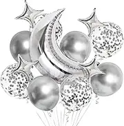 Moon Star Balloons Decorations 13pcs Large Silver Moon Star Foil Mylar Silver Metallic Confetti Balloons for Baby Shower Birthday Party Decoration Wedding Anniversary