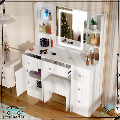 Wooden White Dressing Table+Stool Set 5 Drawers Make up Desk LED Lighted Mirror