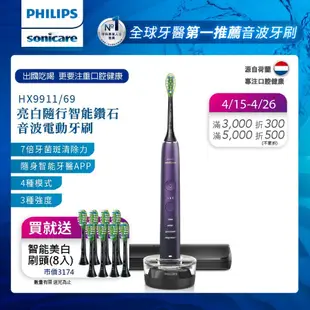 Philips 飛利浦 Sonicare亮白隨行智能鑽石音波震動/電動牙刷(紫)HX9911/69