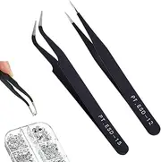 Beauties Factory 2 pcs Stainless Steel Curved & Straight Tweezers, Black Nail Art Beauty Tweezers Nippers Pointed Clip Professional Nail Art Tool