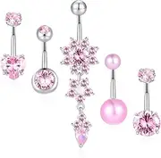 [Gnoliew] Belly Button Rings Dangle Surgical Stainless Steel Belly Rings Cute Pink CZ Navel Rings for Women