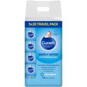 Curash Simply Water Baby Wipes - Ideal for Newborns - pH Balanced - Thick and Soft Design - Soap, Alcohol, Paraben & Irritant Free - Wet Wipes - Travel Pack - Baby Essentials - 5x 20 packs, 100 Wipes