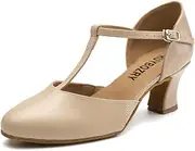 [RUYBOZRY] Character Shoes for Women T-Strap Closed Toe Latin Salsa Tango Standard Ballroom Dance Shoes,Model D29-Suede Sole-2.33”Heel