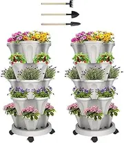 SHENMAIDAY 2 Set 5 Tier Stackable Planter Garden Planters Strawberry Herb Flower and Vegetable Planter Indoor Outdoor Gardening Pots with Removable Wheels and Tools Set (Light gray)