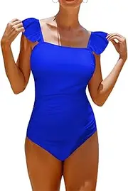 [Hilinker] Women's Ruffle Shoulder One Piece Bathing Suit Belted Leopard Color Block Swimsuit