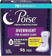 Poise Incontinence Pads & Postpartum Overnight Incontinence Pads, 8 Drop Extra Coverage, 96 Count (4 Packs of 24), Packaging May Vary