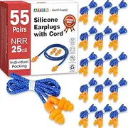 AZEN 55 Pairs Silicone Ear Plugs, Reusable Earplugs for Noise Reduction, 25dB NRR Corded Ear Plugs for Sleeping Noise Cancelling, Ear Plugs with String Individual Packing