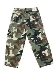 True Religion Big T Camo Cargo Pants Army Green Brown Twill Baggy Wide Leg Sz 33
