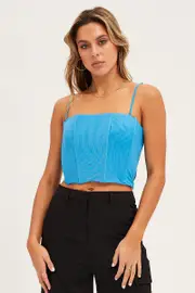 Blue Mesh Sleeveless Corset Detail Singlet Top - Size S, Women's Singlet