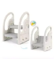 Onasti Toddler Step Stool Adjustable 2 Step Stoop For Kids W/ Handles Grey & Whi
