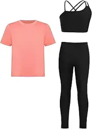 [FEESHOW] Girls Training Clothes Set Short Sleeve Base Tee Shirt + Crop Top + Leggings Sport Set Sportwear