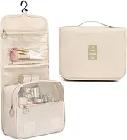 [Lorigun] Hanging Toiletry Bag, Travel Wash Bag for Women Portable Folding Cosmetic Organizer Large Capacity Girls Makeup Bag Waterproof Shower Bag with Separate Compartment, Beige