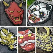 [Iron Cypress] Japanese Tattoo Morale Patch Collection: Hannya, Tengu, Samurai, Dragon, Angry Panda, PVC Hook-and-Loop, Set of 5