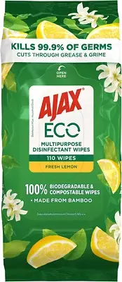 Ajax Eco Antibacterial Disinfectant Surface Cleaning Wipes, Bulk 110 Pack, Fresh
